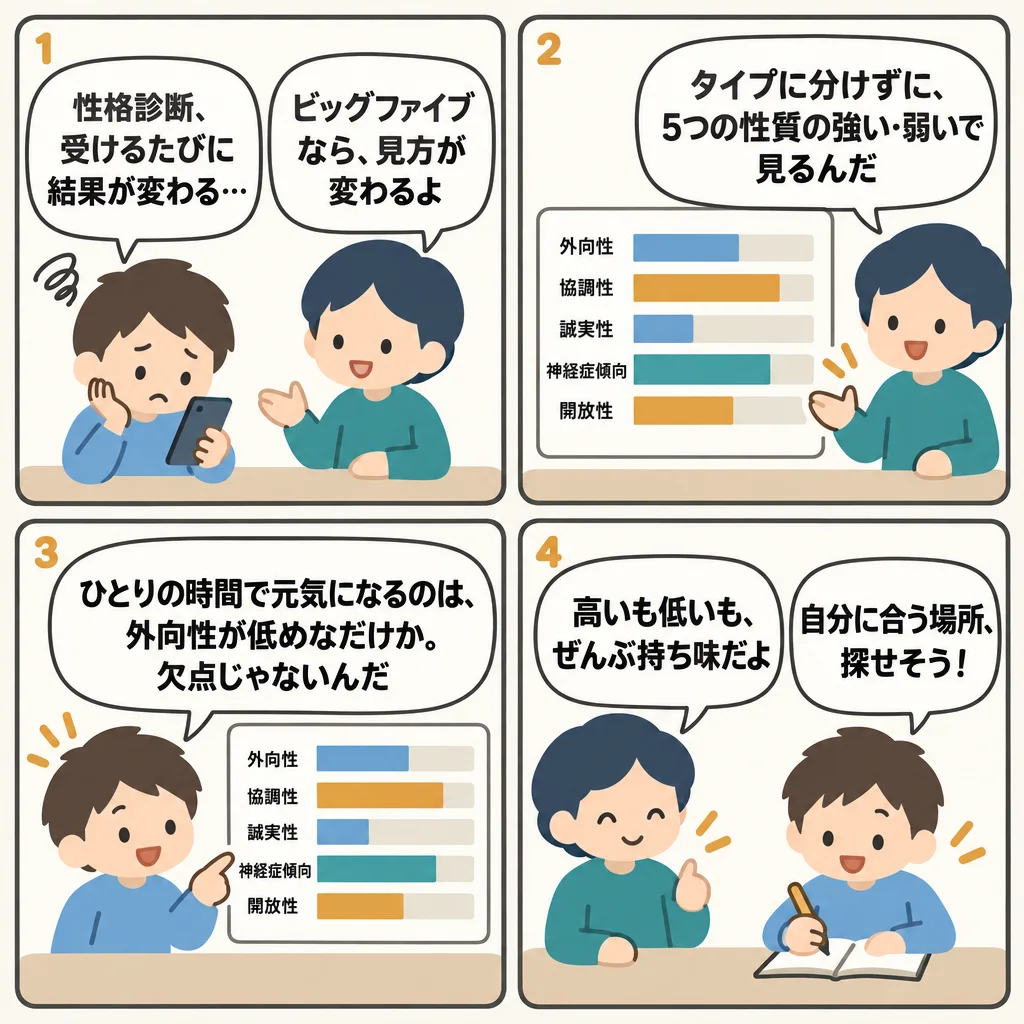 4コマでわかるビッグファイブとは？性格を5つの因子でとらえる、いちばん研究された枠組み