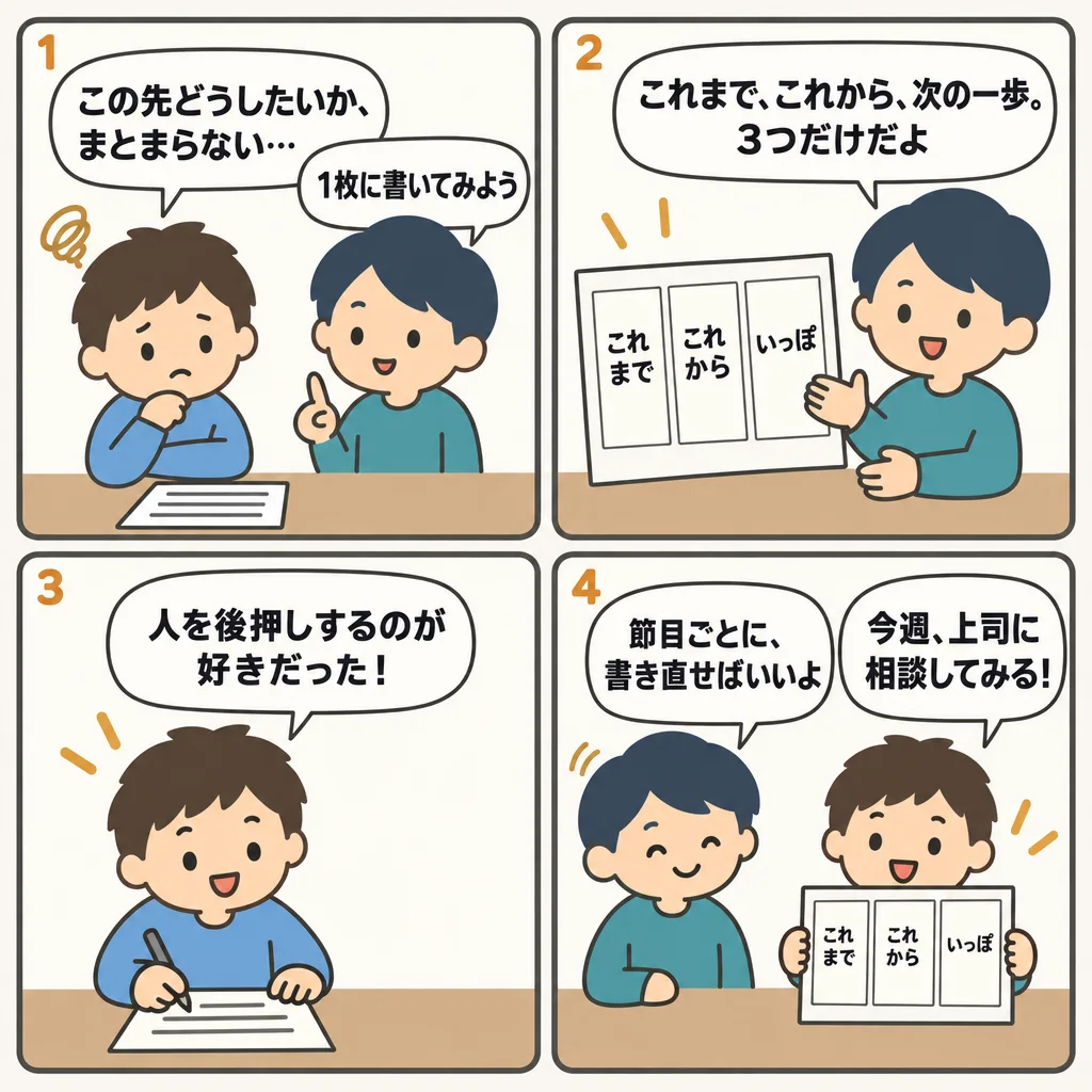 4コマでわかるキャリアデザインシートの書き方。これまで・これから・次の一歩を1枚にまとめる手順と記入例