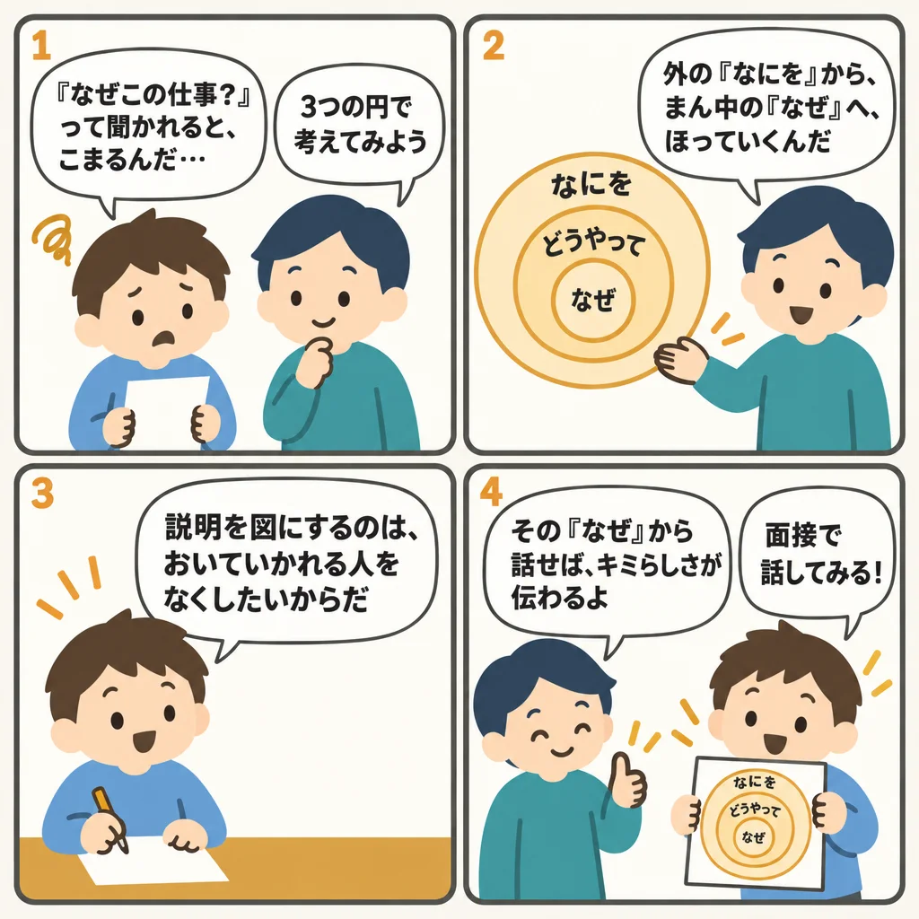 4コマでわかるゴールデンサークルで自分の「なぜ」を見つける。Why・How・Whatの書き方と穴埋めテンプレ