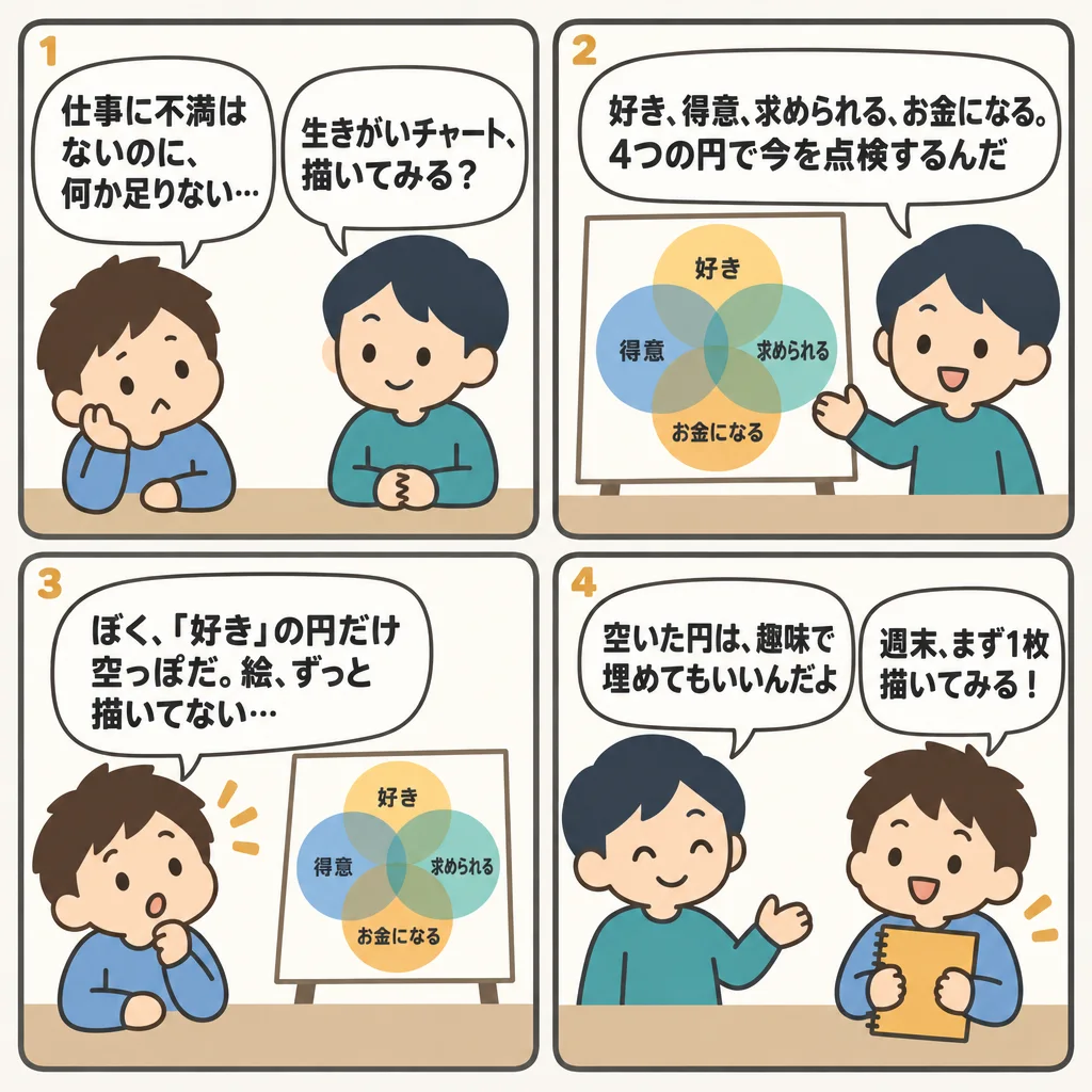 4コマでわかるikigaiチャートの書き方。4つの円で働く意味を整理する——由来の注意つき