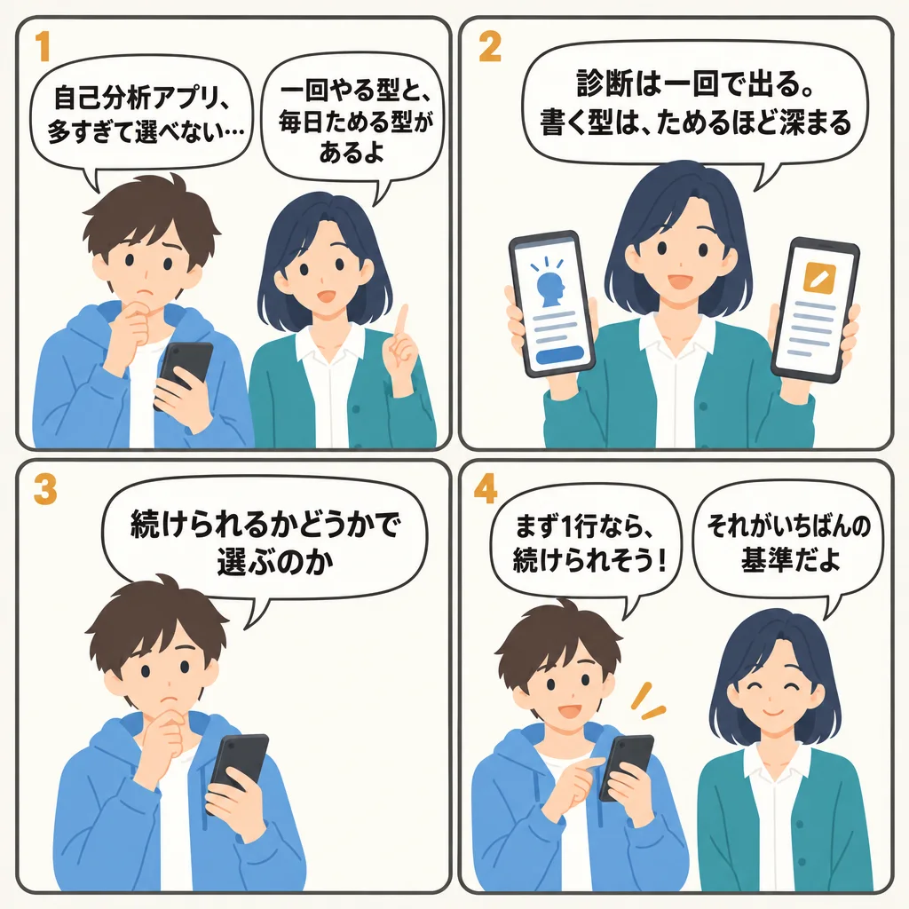 4コマでわかる自己分析アプリの選び方｜「書く」「診断する」「話す」の3タイプと、続けやすさで比べる早見表