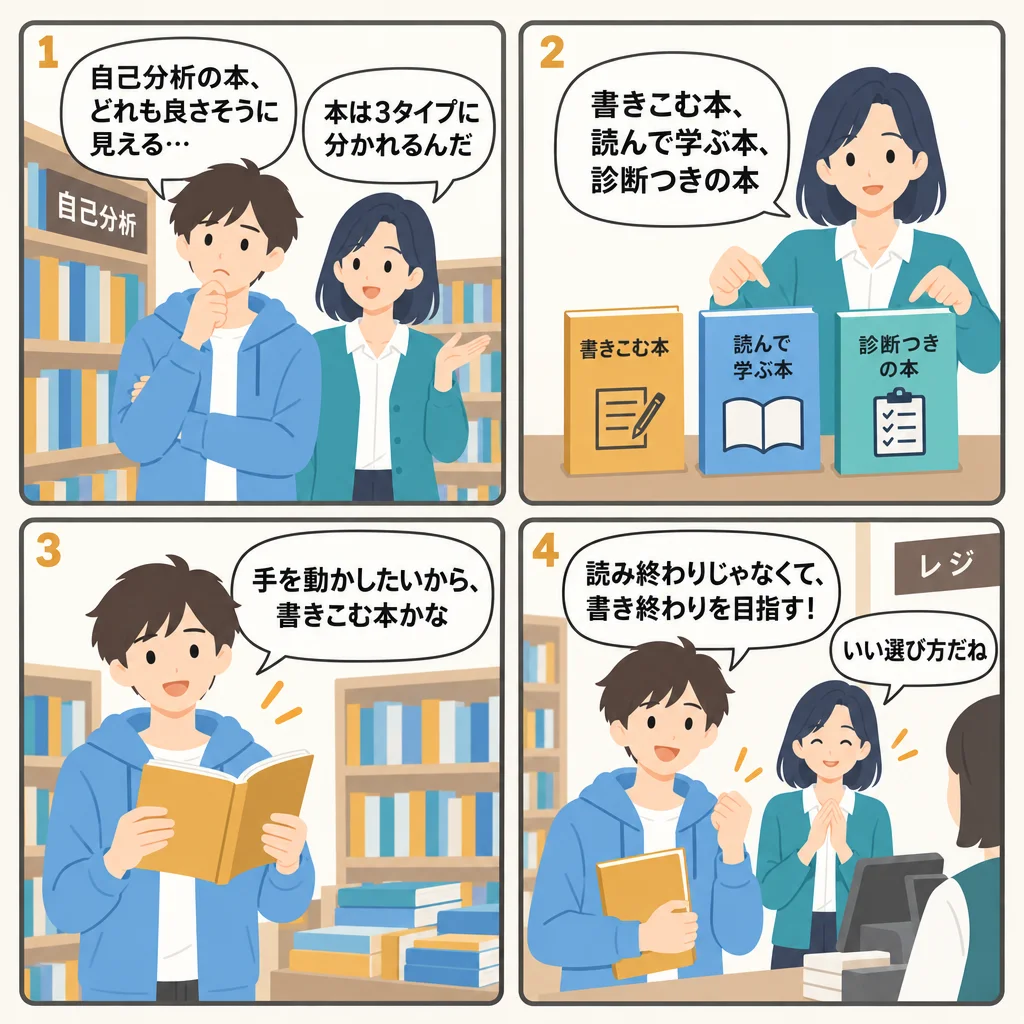 4コマでわかる自己分析の本の選び方｜書き込みながら進める本・手法の原典・考え方を広げる本の3タイプ9冊