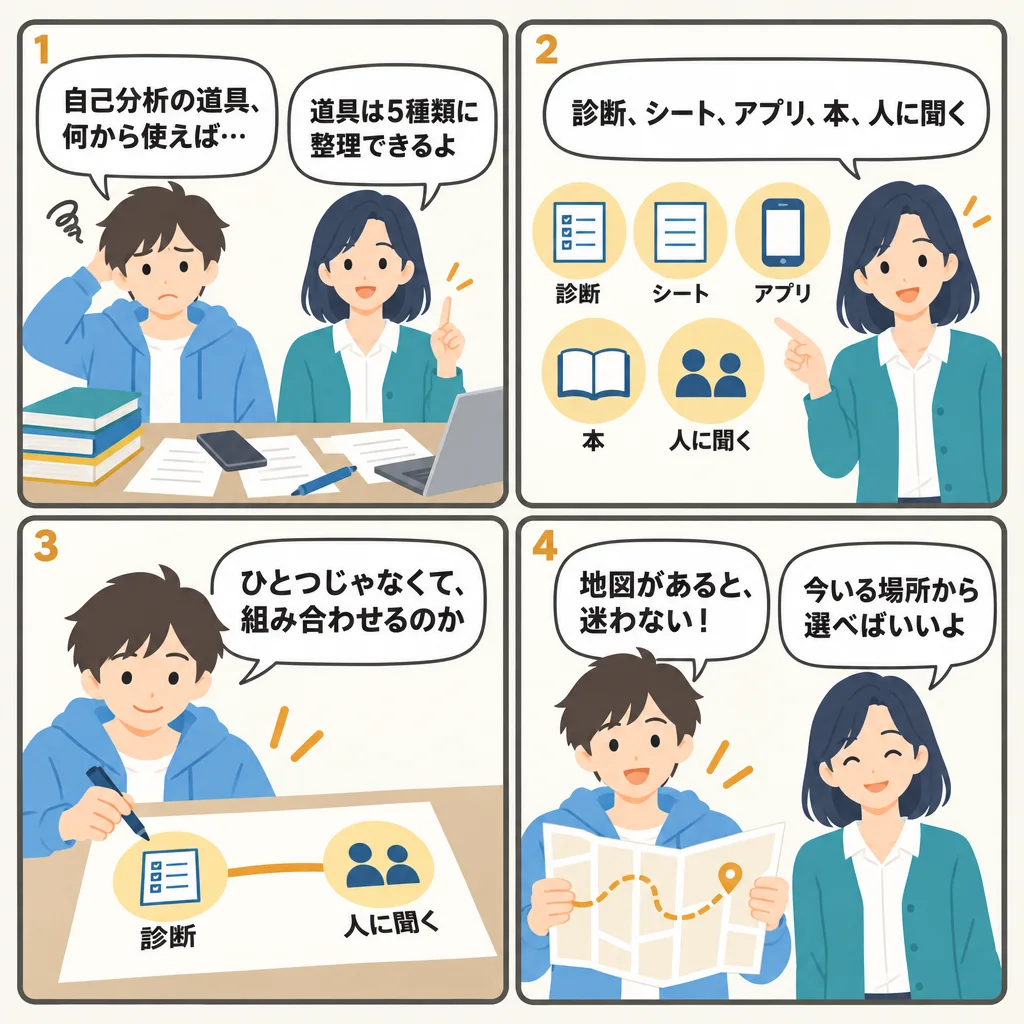 4コマでわかる自己分析ツールの選び方｜診断・ワークシート・アプリ・本・人に聞く、5種類の使い分け早見表