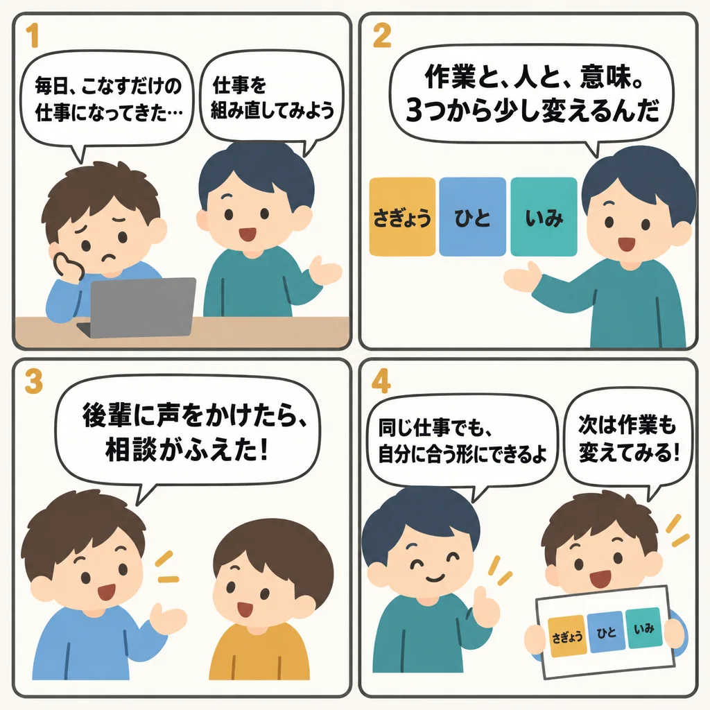 4コマでわかるジョブ・クラフティングのやり方。仕事を「作業・人・意味」の3つから組み直す手順と書き込みシート