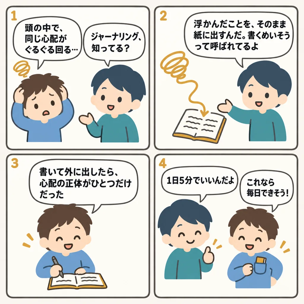 4コマでわかるジャーナリングとは？「書く瞑想」の基本のやり方と、続けるコツ