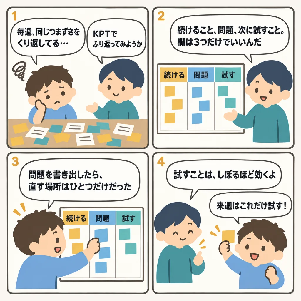 4コマでわかるKPTとYWTの違いと使い分け。記入例つきの、ふりかえり入門