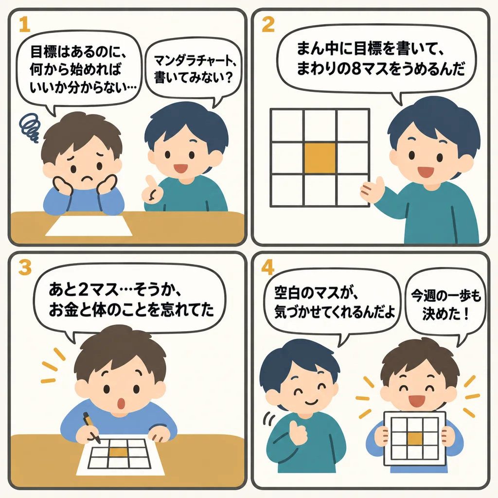 4コマでわかるマンダラチャートの書き方。9×9マスの構造と、まず3×3から始める方法