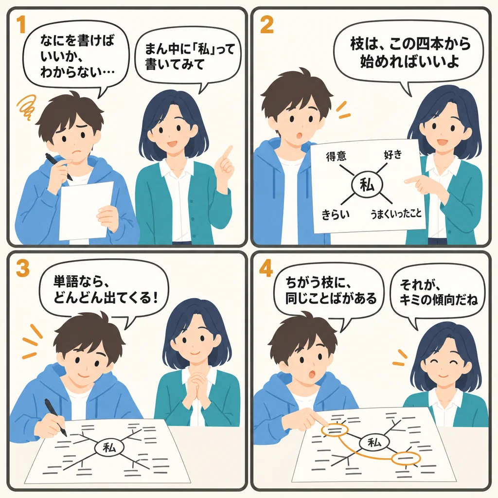 4コマでわかるマインドマップで自己分析するやり方。中心に「私」を置いて、得意・好き・嫌い・成功体験の4本から広げる書き方と記入例