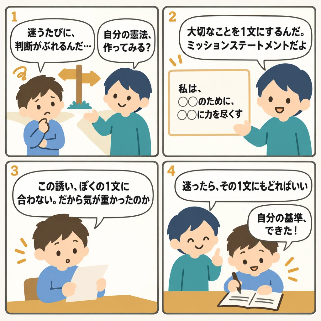 4コマでわかるミッションステートメントの作り方。1文で書ける穴埋めテンプレつき