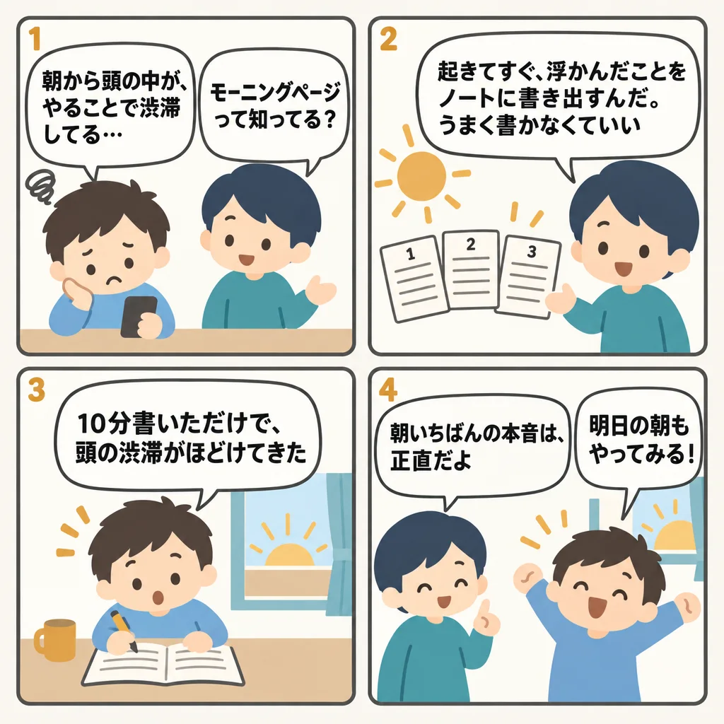 4コマでわかるモーニングページとは？朝3ページの原法と、10分でできる縮小版