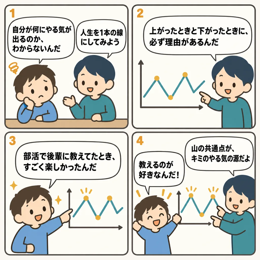 4コマでわかるモチベーショングラフの書き方。紙1枚でできる、やる気の源の見つけ方