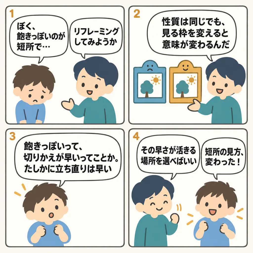 4コマでわかるリフレーミングとは？短所を長所に言い換える例20組と、やり方のコツ