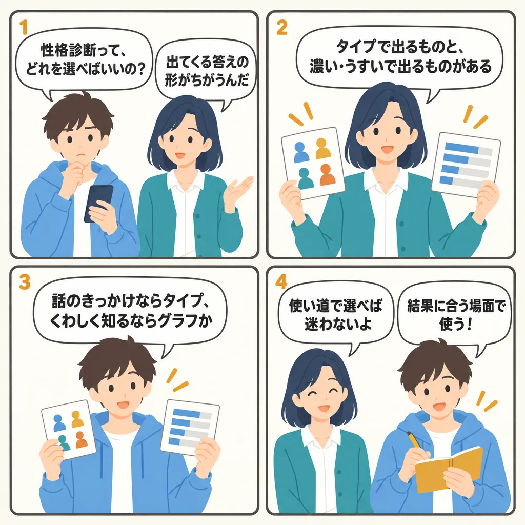 4コマでわかる性格診断の種類と選び方｜タイプで分ける・度合いで測る・動機を探る、3つの違いと使い分け