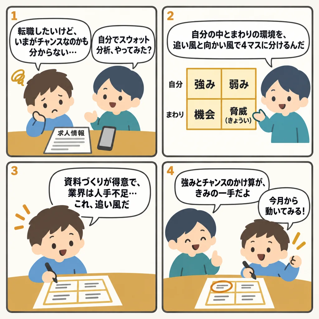 4コマでわかる自己分析SWOTのやり方。強み・弱み・機会・脅威の4象限で自分を棚卸しする