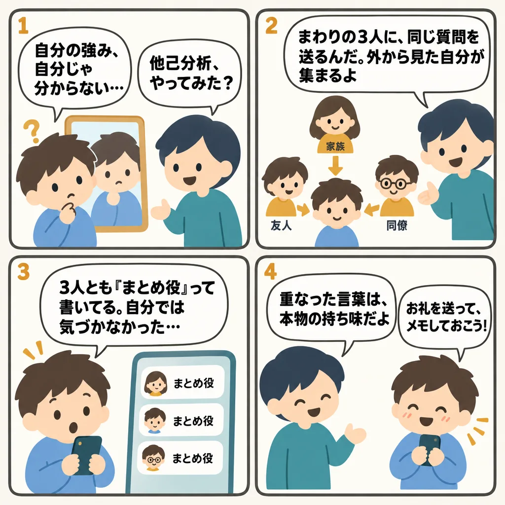 4コマでわかる他己分析のやり方。そのまま送れる質問リスト10個と、頼み方の文例
