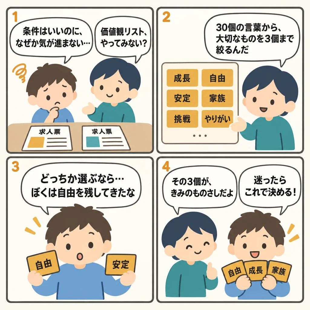 4コマでわかる価値観リストで自分の軸を見つける。30個の言葉から3個に絞るワークの手順