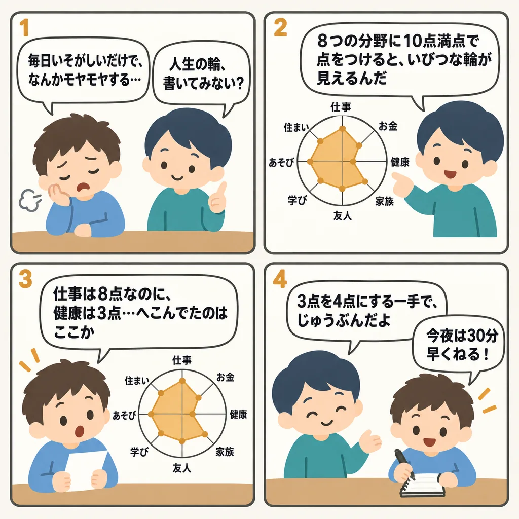 4コマでわかる人生の輪（ライフホイール）の書き方。8分野の点数づけで、いまの満足度を見える化する