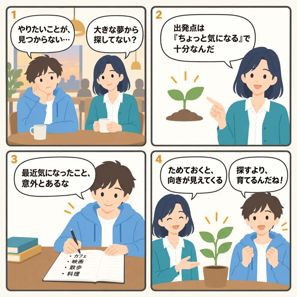 4コマでわかるやりたいことの見つけ方｜過去から掘る・価値観から探る・いまの暮らしから探る・重なりで絞る、4つの入り口と手法の使い分け