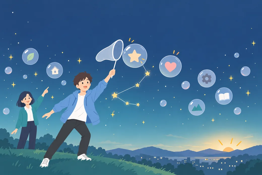 夜空に浮かぶことばの星を、網でつかもうとするユウと、空を指さす先輩